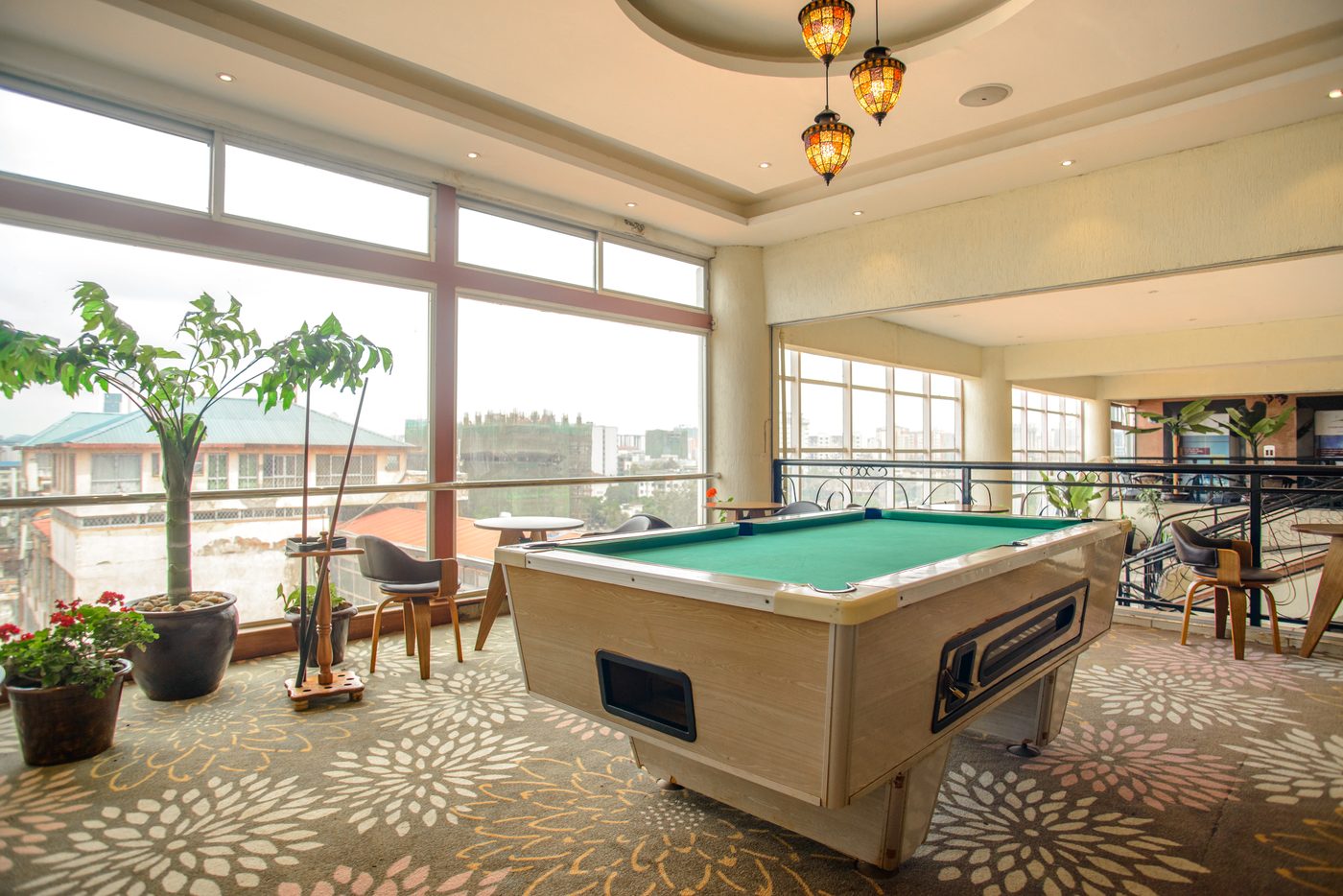 Recreation lounge with city views at Cloud Hotel Nairobi